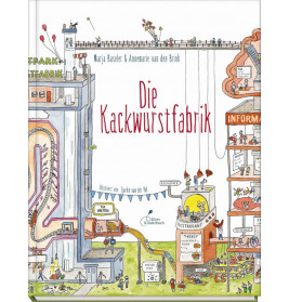 Buchcover von Die Kackwurstfabrik mit fantasievoller Fabrik, Menschen bei Aktivitäten, verspielte Illustrationen.