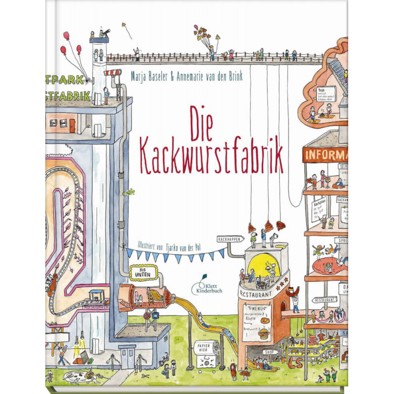 Buchcover von Die Kackwurstfabrik mit fantasievoller Fabrik, Menschen bei Aktivitäten, verspielte Illustrationen.