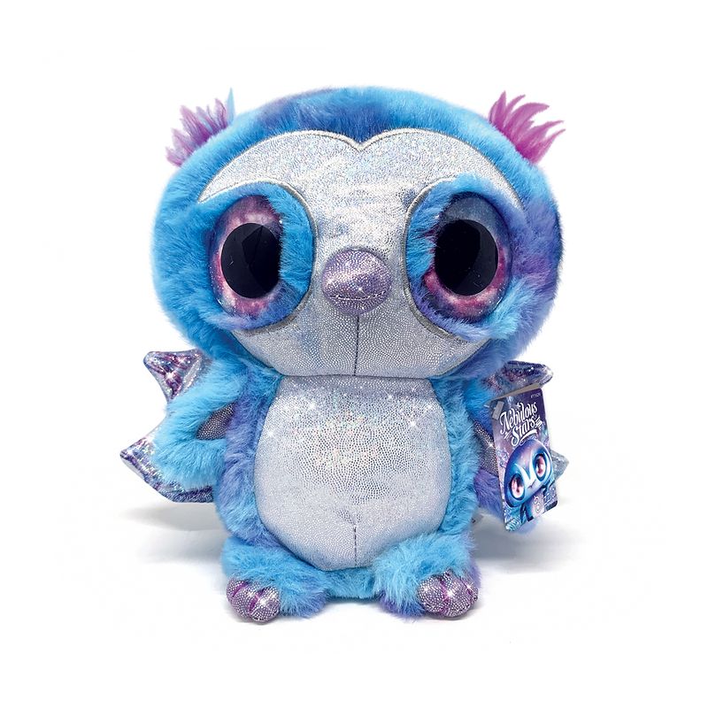 Blauer und violetter Plüsch-Eulenanhänger mit silbernem Gesicht, großen Augen und glitzernden Flügeln, sitzt aufrecht.