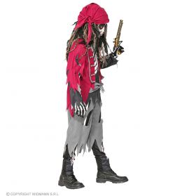Person in zerlumptem Piratenkostüm mit rotem Kopftuch, hält eine kleine Pistole und geht nach rechts.