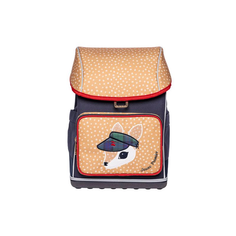 Kinder-Rucksack mit Hirschmotiv, Hut und gepunkteter, beigefarbener Klappe vor weißem Hintergrund.