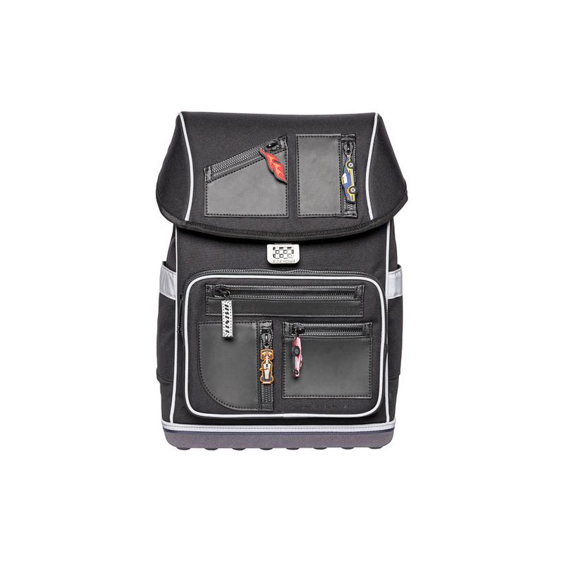 Schwarzer Rucksack mit mehreren Reißverschlusstaschen und weißer Umrandung, von vorn gesehen.