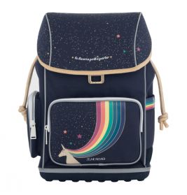 Dunkelblauer Rucksack mit Einhorn- und Regenbogenmotiv, Sternenmuster und beigen Kordeln.