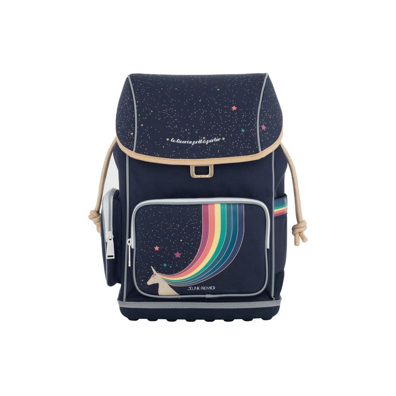 Dunkelblauer Rucksack mit Einhorn- und Regenbogenmotiv, Sternenmuster und beigen Kordeln. Dunkelblauer Rucksack mit Einhorn- und Regenbogenmotiv, Sternenmuster und beigen Kordeln.