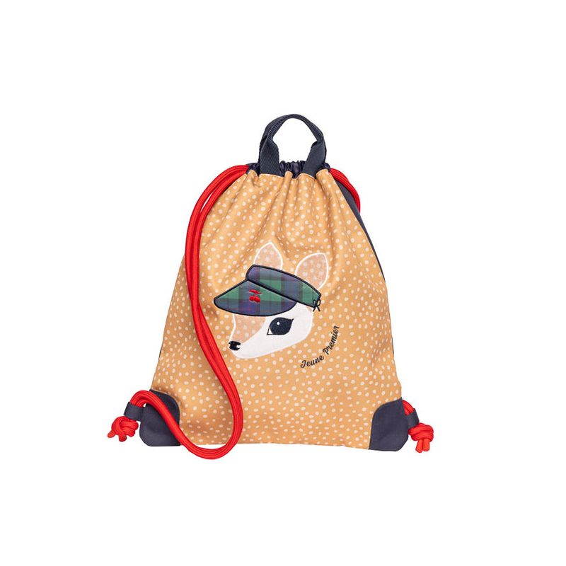 Beigefarbener Beutel mit roten Kordeln, darauf ein Hirsch mit kariertem Hut vor gepunktetem Hintergrund.