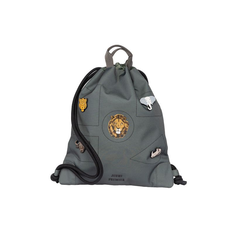 Grauer Turnbeutel mit Kordelzug und Tiermotiven wie Löwe, Elefant, Nashorn und Gepard auf der Vorderseite.