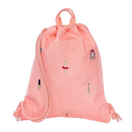 Hellrosa Turnbeutel mit Kordelzug, verziert mit kleinen Stickereien von Ballett und Parfümflakons.