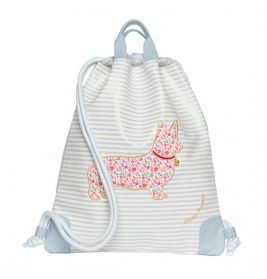 Turnbeutel mit grauen Streifen, vorne ein Corgi mit Blumenmuster, blaue Ecken.