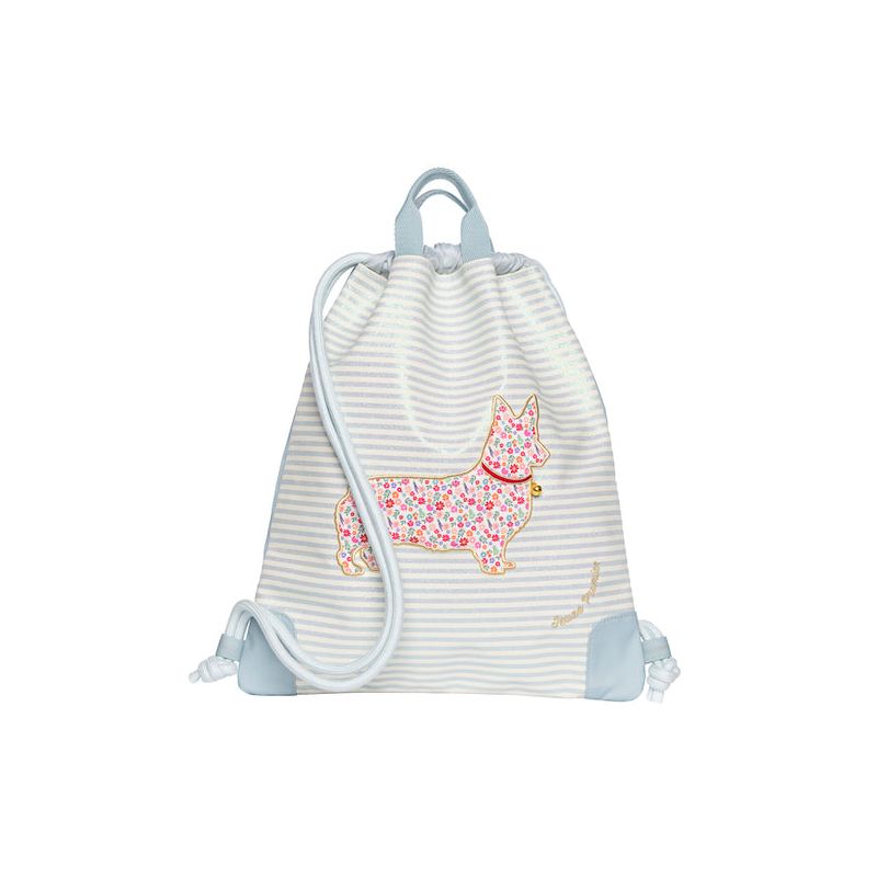 Turnbeutel mit grauen Streifen, vorne ein Corgi mit Blumenmuster, blaue Ecken. Turnbeutel mit grauen Streifen, vorne ein Corgi mit Blumenmuster, blaue Ecken.