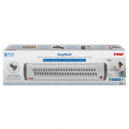 Verpackung des Reer EasyHeat Heizstrahlers mit Produktbild, Funktionen und Altersangabe ab 0 Jahren.
