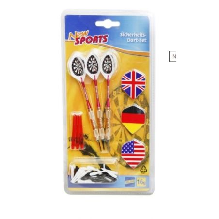 Dart-Set mit drei Pfeilen, Ersatz-Flights und den Flaggen von UK, Deutschland und USA auf der Verpackung.