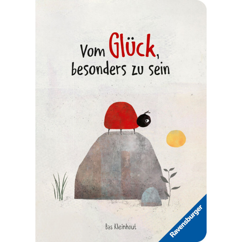 Illustration eines Marienkäfers auf einem Stein mit dem deutschen Text: Vom Glück, besonders zu sein.