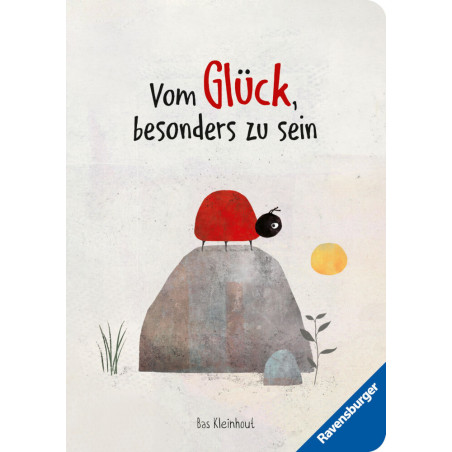 Illustration eines Marienkäfers auf einem Stein mit dem deutschen Text: Vom Glück, besonders zu sein.