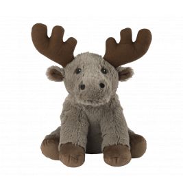 Ein Plüsch-Elch mit braunen Geweihen und Füßen sitzt aufrecht und blickt nach vorn.