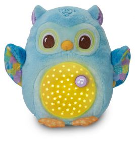 Blaue Plüsch-Eulen-Nachtlampe mit leuchtend gelbem Bauch und lila Musikknoten-Knopf.