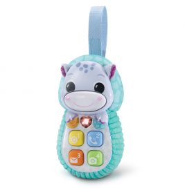 Plüsch-Dinosaurier mit bunten Knöpfen, lächelndem Gesicht und blauem Aufhängeband.