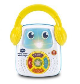 Spielzeug-Musikplayer mit gelben Kopfhörern, Display mit lachendem Gesicht und bunten Tasten für Kinder.