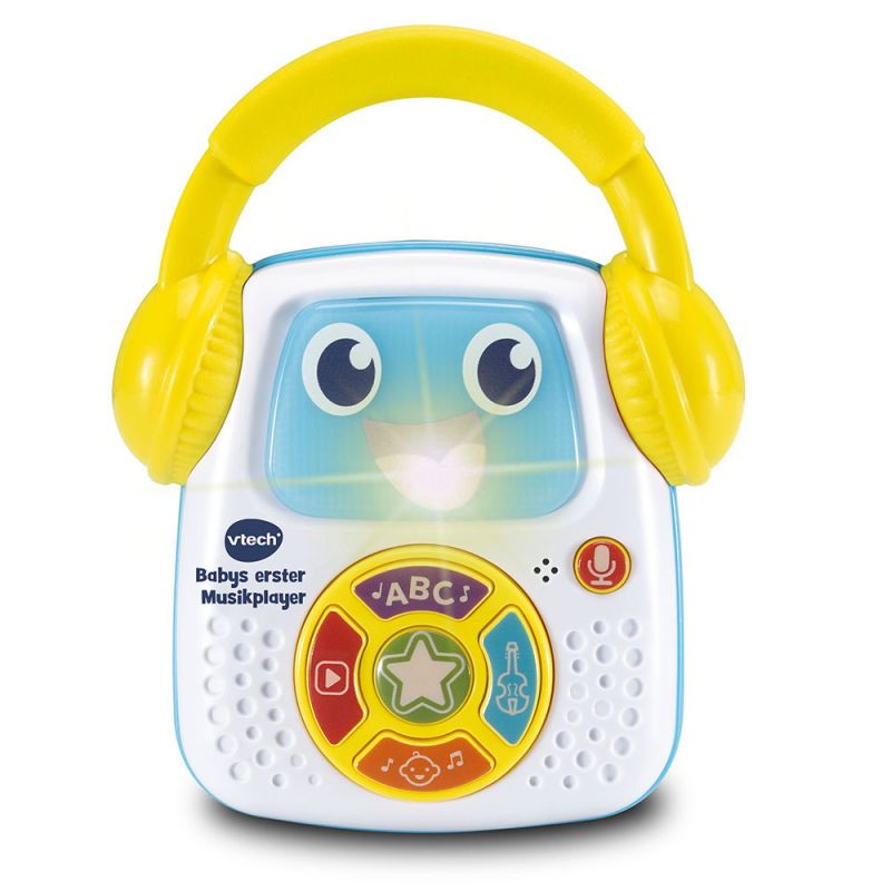 Spielzeug-Musikplayer mit gelben Kopfhörern, Display mit lachendem Gesicht und bunten Tasten für Kinder. Spielzeug-Musikplayer mit gelben Kopfhörern, Display mit lachendem Gesicht und bunten Tasten für Kinder.