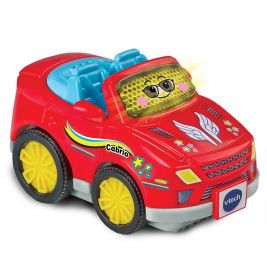 Rotes Spielzeug-Cabrio mit gelben Rädern, einem Comic-Gesicht auf der Windschutzscheibe und bunten Seitendekoren.