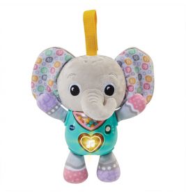 Plüsch-Elefant mit gemusterten Ohren, türkisfarbenem Bauch, gelber Aufhängeschlaufe und leuchtendem Musikknopf.