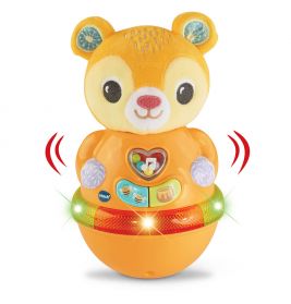 Orangen Bären-Spielzeug mit Lichtern, Tasten und Sound-Symbolen rote und grüne Lichter blinken am Sockel.