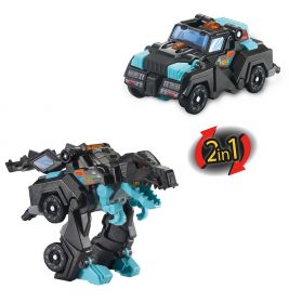 Ein schwarz-blaues Spielzeug verwandelt sich von einem Auto in einen Dinosaurier, daneben steht 2 in 1.