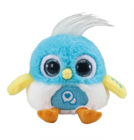 Blau-gelber Plüschvogel mit großen Augen, weißem Schopf und orangefarbenen Füßen sitzt aufrecht.