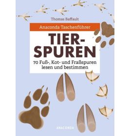 Buchcover "Tier-Spuren" mit Tierfährten und Fußabdrücken auf hellblauem Hintergrund.