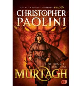 Buchcover von Murtagh von Christopher Paolini mit einem vermummten Mann und einem roten Drachen im Hintergrund.