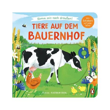 Kinderbuchcover: Kuh, Hühner und Enten auf einem Feld. Titel: Tiere auf dem Bauernhof.