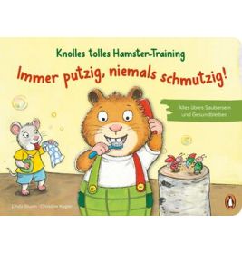 Kinderbuchcover mit gezeichneten Hamstern, einer putzt Zähne, einer hält Zahnbürste. Deutscher Text.