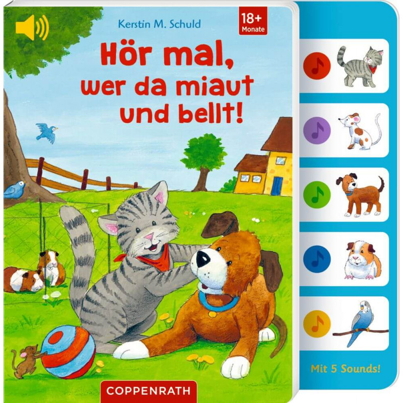 Eine Katze und ein Hund spielen draußen am Buchrand sind Soundknöpfe mit Tierbildern zu sehen.