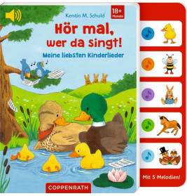 Illustrierte Enten und Küken am Teich, rechts ein Klangpanel mit Tieren und Noten.