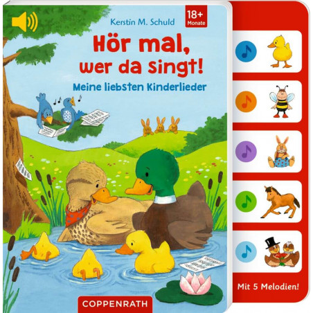 Illustrierte Enten und Küken am Teich, rechts ein Klangpanel mit Tieren und Noten.