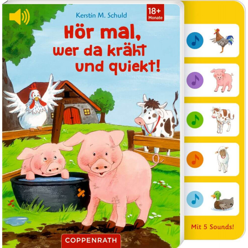 Zwei Ferkel spielen auf einem Bauernhof mit Huhn, Kuh und Pferd Soundknöpfe zeigen Tierbilder.