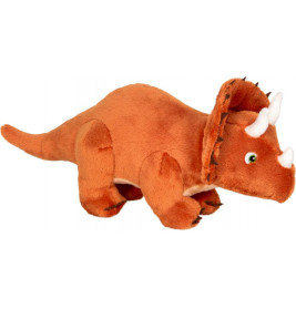 Ein orangefarbener Plüsch-Triceratops mit drei weißen Hörnern und grünen Augen.