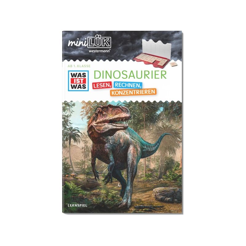 Sachliches Buchcover: Dinosaurier im Wald, Titel Dinosaurier, für Lesen, Mathe und Konzentration geeignet.