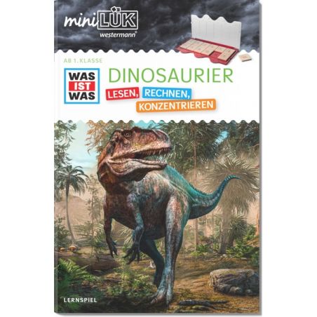 Sachliches Buchcover: Dinosaurier im Wald, Titel Dinosaurier, für Lesen, Mathe und Konzentration geeignet.