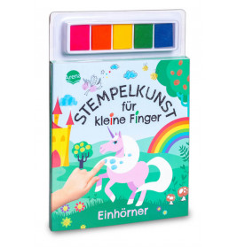 Kinderbuch mit bunten Stempelkissen, Einhorn, Schloss, Regenbogen und dem Titel Stempelkunst für kleine Finger.