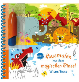 Buntes Kinderbuchcover mit wilden Tieren, Zauberpinsel und deutschem Text über das Ausmalen von Wildtieren.