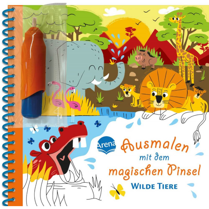Buntes Kinderbuchcover mit wilden Tieren, Zauberpinsel und deutschem Text über das Ausmalen von Wildtieren.