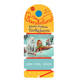 Bunte Verpackung mit Mädchen, Einhorn und Eule, beschriftet mit Kleines Einhorn Funkelstern und Lern - Spiel - Spaß.