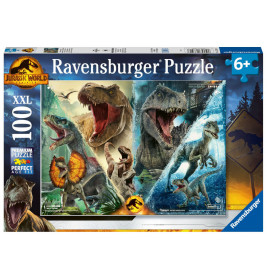 Jurassic World Ravensburger Puzzle mit Dinosauriermotiven, 100 Teile, geeignet für Kinder ab 6 Jahren.