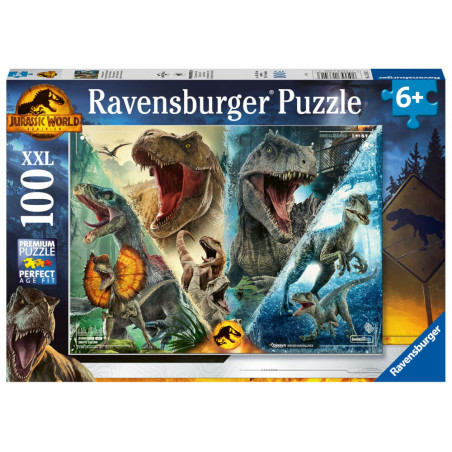 Jurassic World Ravensburger Puzzle mit Dinosauriermotiven, 100 Teile, geeignet für Kinder ab 6 Jahren.