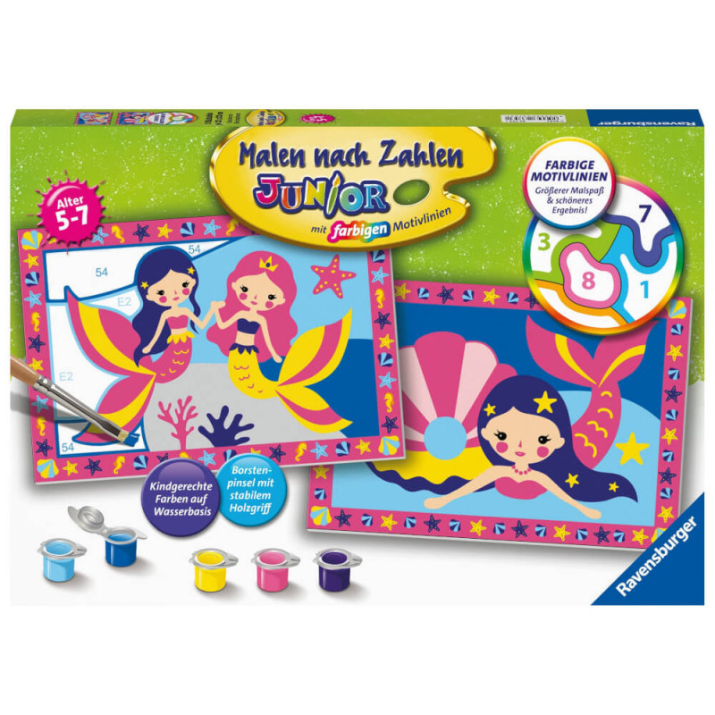 Malset für Kinder mit Meerjungfrauenmotiven: Farben, Pinsel und nummerierte Malanleitung sind enthalten.