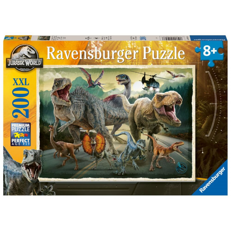 Jurassic World Puzzle mit Dinosauriern, Hubschrauber, 200 XXL-Teile, geeignet ab 8 Jahren.