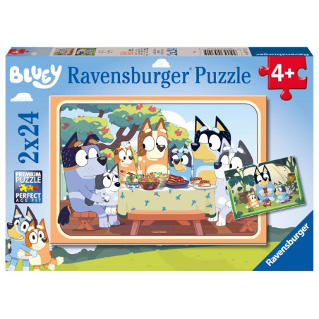Ravensburger Bluey Auf gehts! 2x24 Teile Puzzle ab 4 Jahren mit Cartoon-Hunden beim Picknick.
