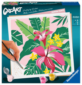 Eine Hand malt bunte tropische Blüten und Blätter auf pinkem Hintergrund für ein Malen-nach-Zahlen-Set.