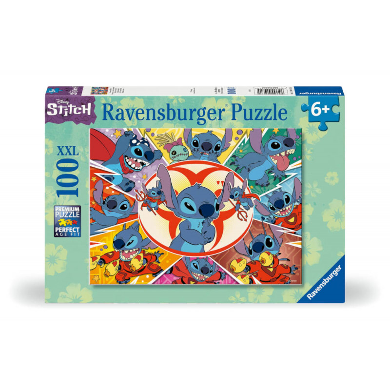 Ravensburger XXL-Puzzle mit 100 Teilen zeigt bunte Stitch-Motive aus Disneys Lilo & Stitch.