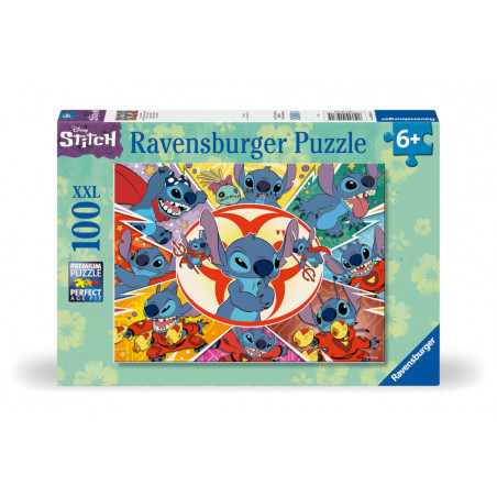 Ravensburger XXL-Puzzle mit 100 Teilen zeigt bunte Stitch-Motive aus Disneys Lilo & Stitch.